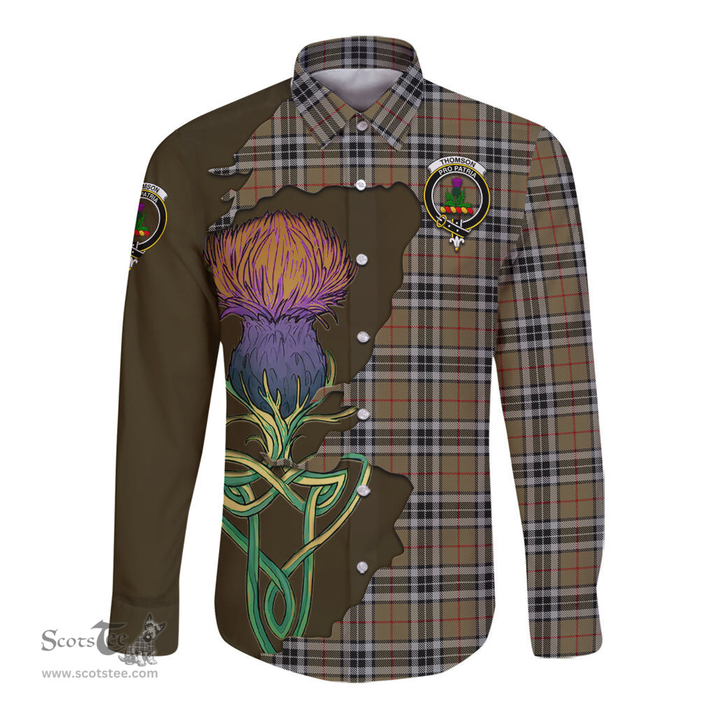 Scottish Thomson Camel Clan Tartan Crest with Thistle and Scotland Map Tartan Long Sleeve Shirt Scottish Plaid Tartan Plaid - ScotsTee - scotstee.com