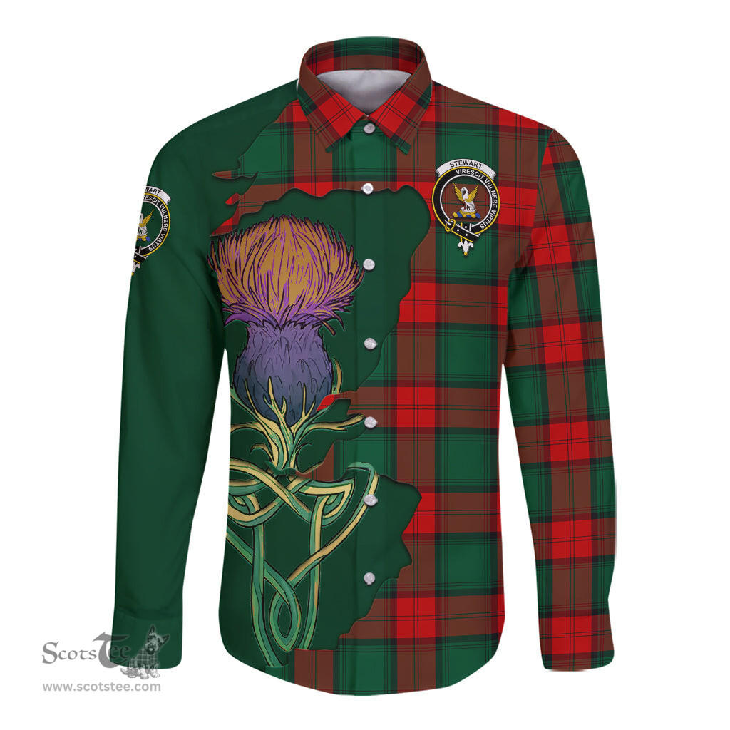 Scottish Stewart Atholl Modern Clan Tartan Crest with Thistle and Scotland Map Tartan Long Sleeve Shirt Scottish Plaid Tartan Plaid - ScotsTee - scotstee.com