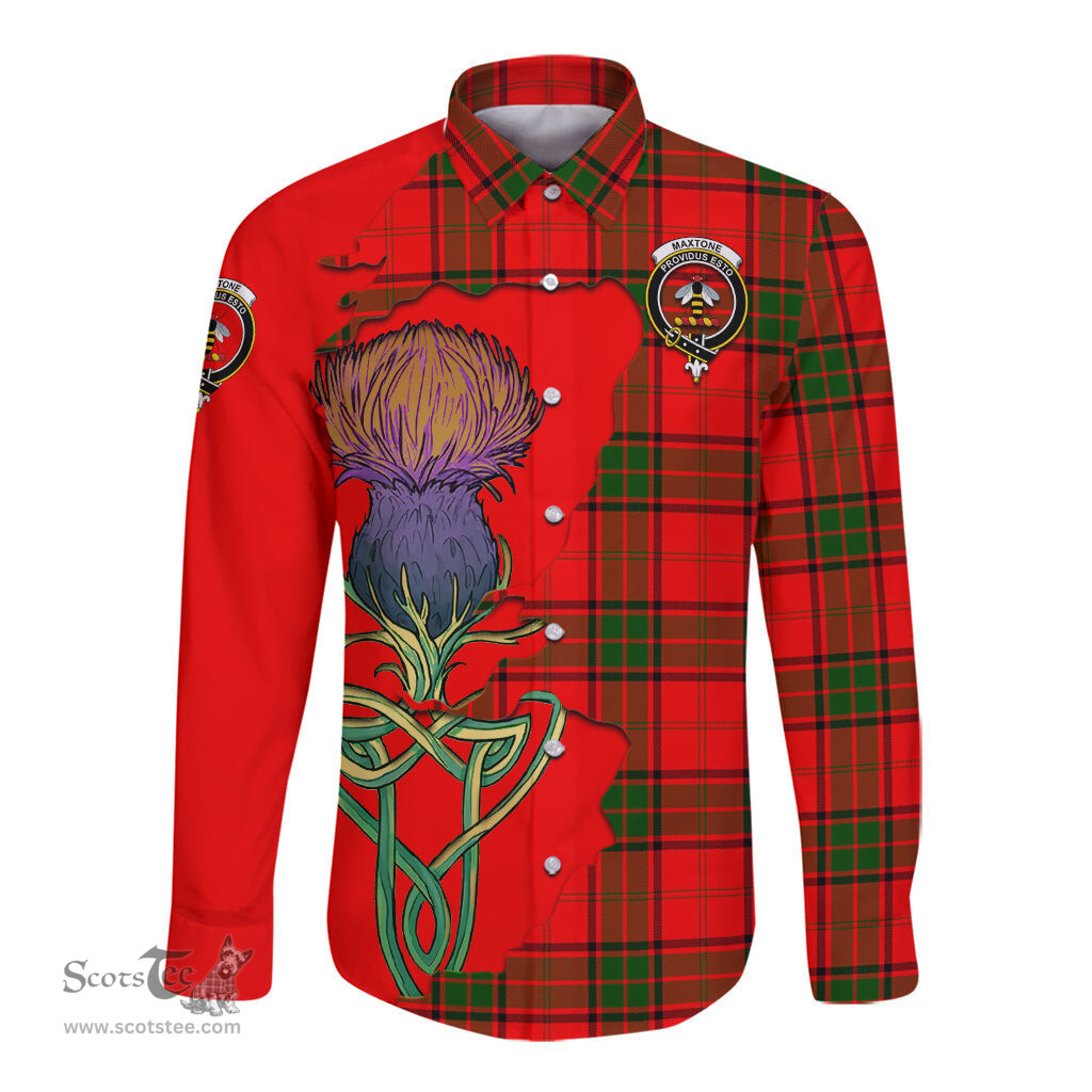 Scottish Maxtone Clan Tartan Crest with Thistle and Scotland Map Tartan Long Sleeve Shirt Scottish Plaid Tartan Plaid - ScotsTee - scotstee.com