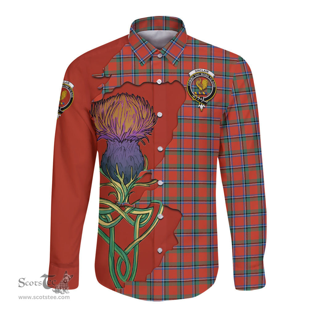 Scottish Sinclair Ancient Clan Tartan Crest with Thistle and Scotland Map Tartan Long Sleeve Shirt Scottish Plaid Tartan Plaid - ScotsTee - scotstee.com