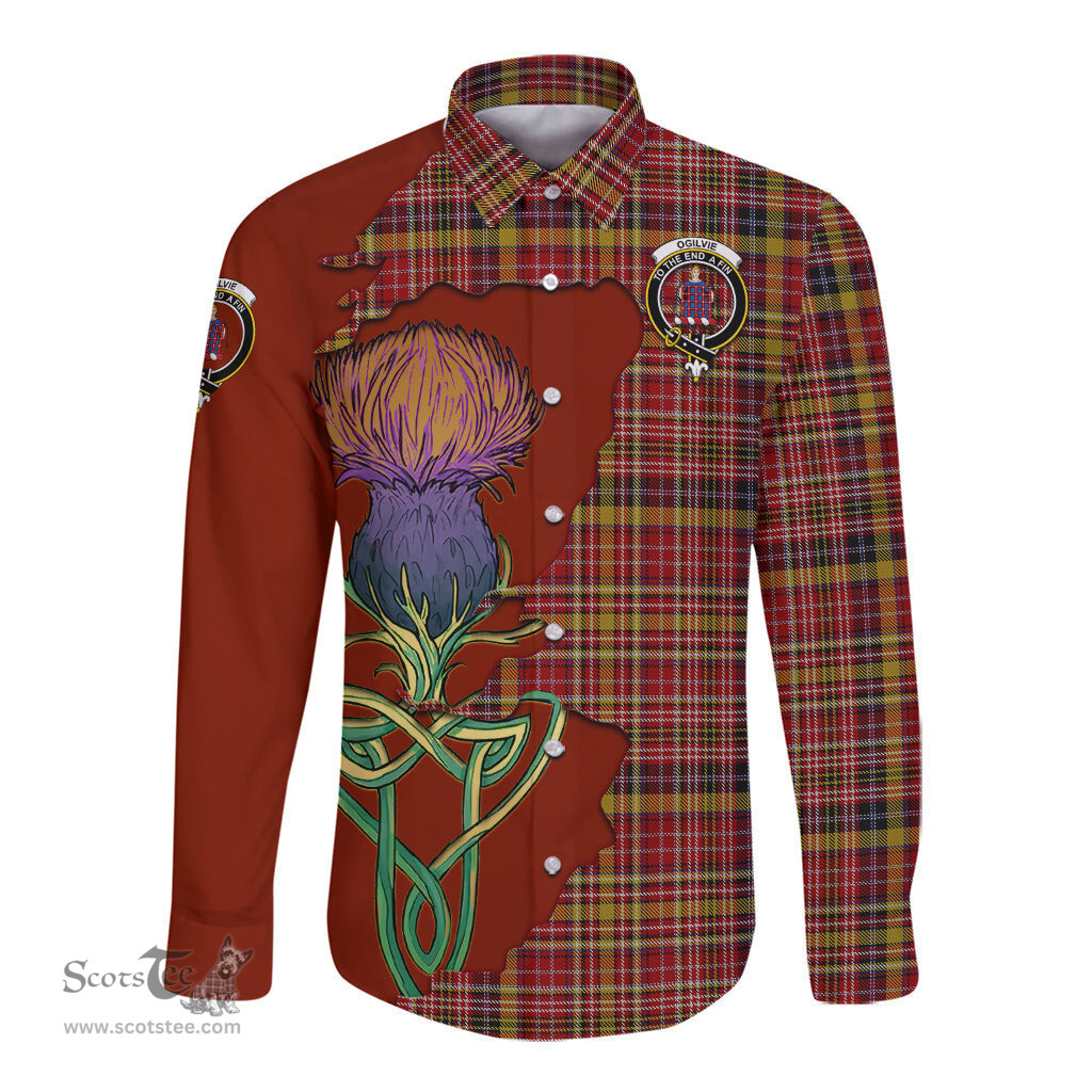 Scottish Ogilvie (Ogilvy) of Strathallan Clan Tartan Crest with Thistle and Scotland Map Tartan Long Sleeve Shirt Scottish Plaid Tartan Plaid - ScotsTee - scotstee.com