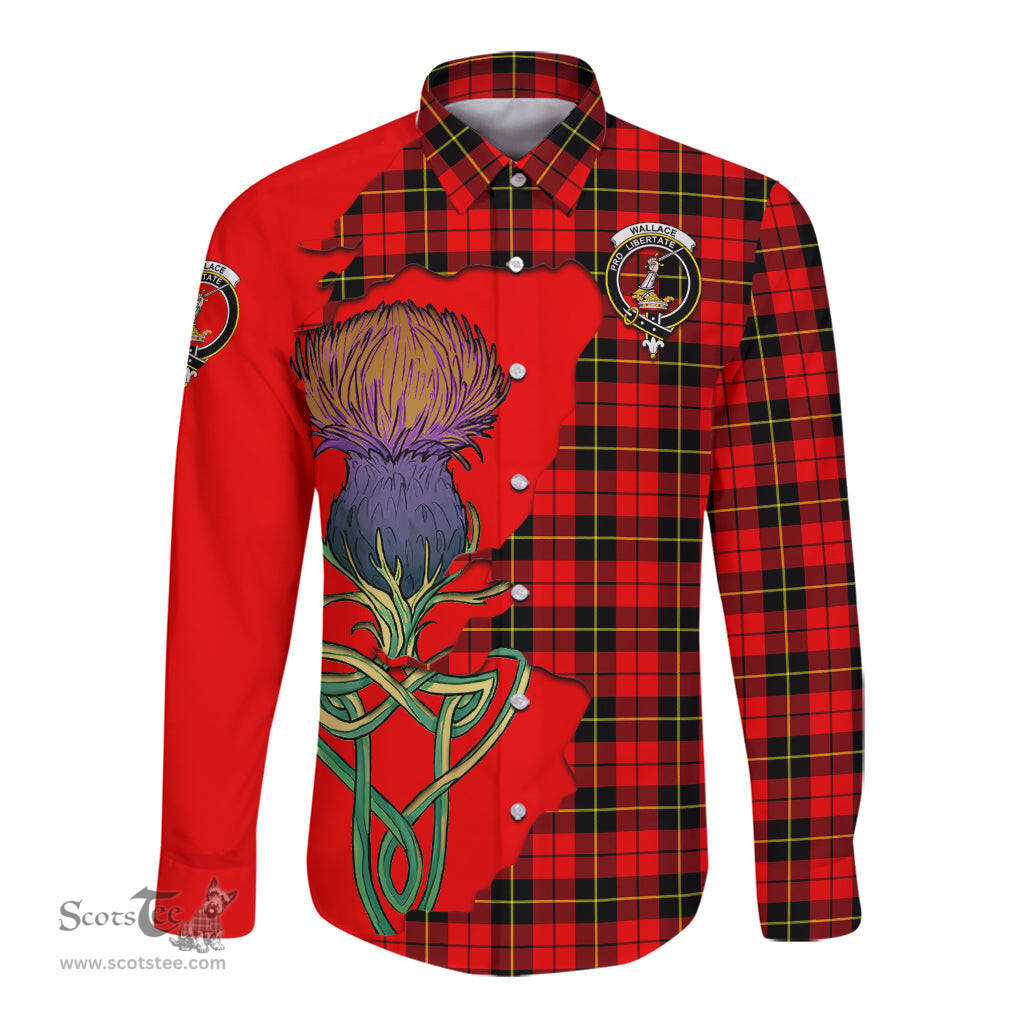 Scottish Wallace Hunting Red Clan Tartan Crest with Thistle and Scotland Map Tartan Long Sleeve Shirt Scottish Plaid Tartan Plaid - ScotsTee - scotstee.com