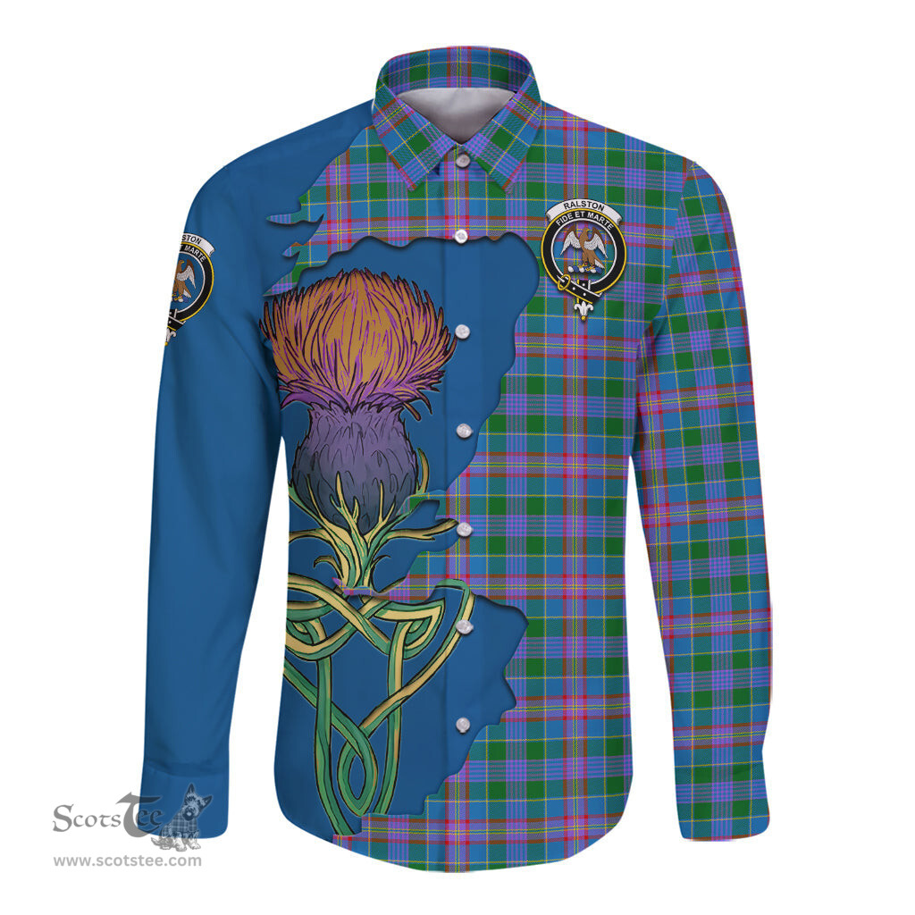 Scottish Ralston Clan Tartan Crest with Thistle and Scotland Map Tartan Long Sleeve Shirt Scottish Plaid Tartan Plaid - ScotsTee - scotstee.com