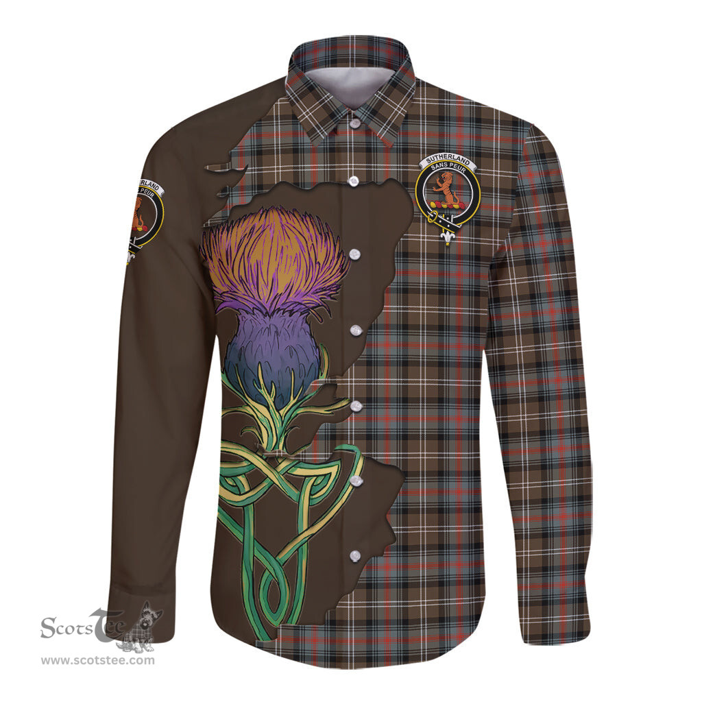 Scottish Sutherland Weathered Clan Tartan Crest with Thistle and Scotland Map Tartan Long Sleeve Shirt Scottish Plaid Tartan Plaid - ScotsTee - scotstee.com