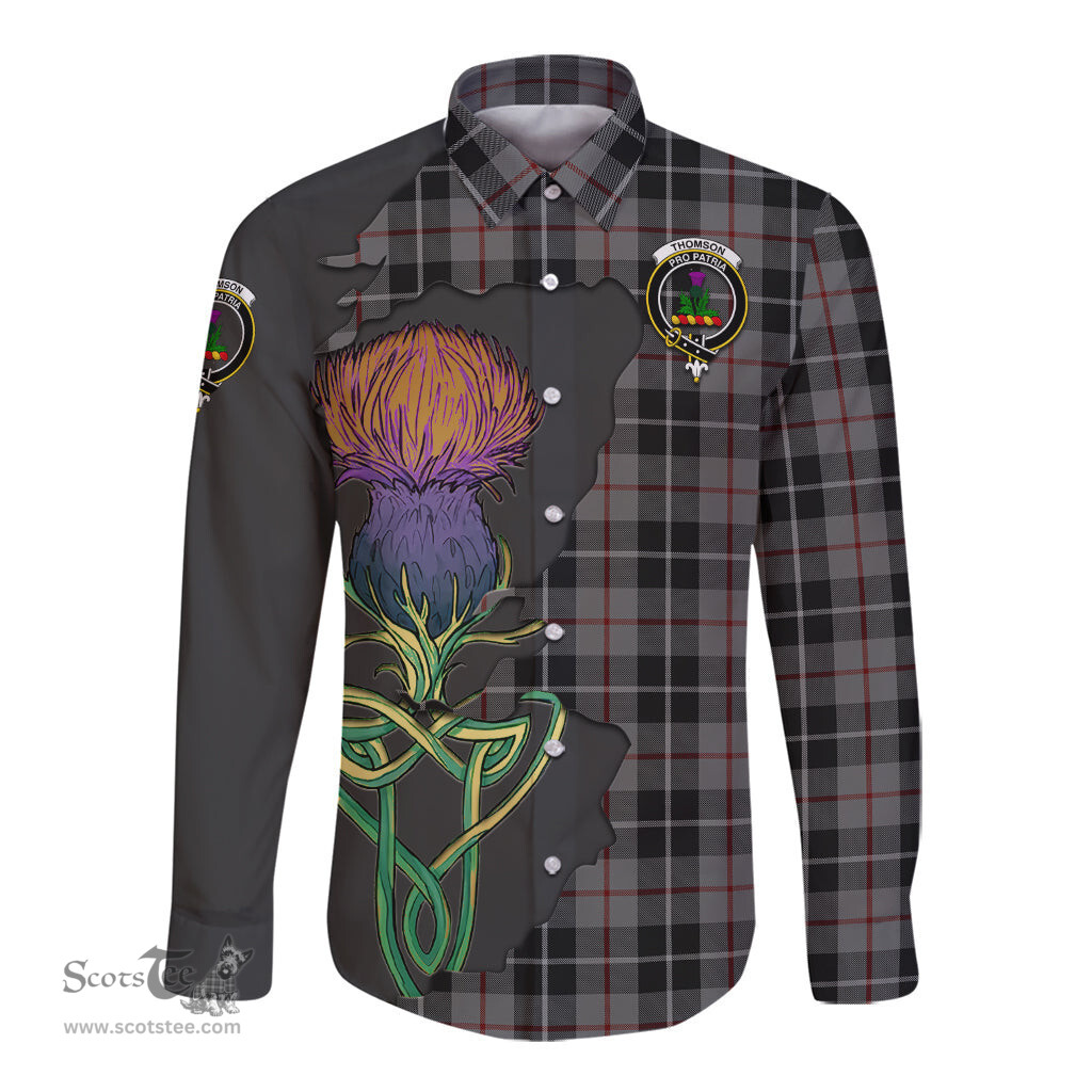 Scottish Thompson Grey Clan Tartan Crest with Thistle and Scotland Map Tartan Long Sleeve Shirt Scottish Plaid Tartan Plaid - ScotsTee - scotstee.com