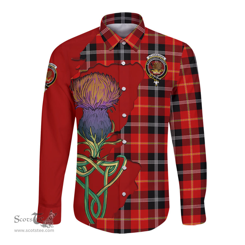 Scottish Majoribanks Clan Tartan Crest with Thistle and Scotland Map Tartan Long Sleeve Shirt Scottish Plaid Tartan Plaid - ScotsTee - scotstee.com
