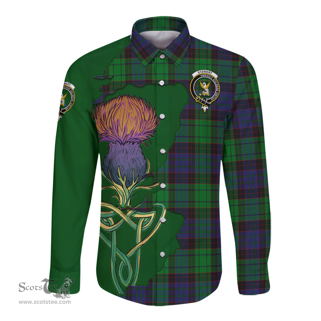 Scottish Stewart Old Modern Clan Tartan Crest with Thistle and Scotland Map Tartan Long Sleeve Shirt Scottish Plaid Tartan Plaid - ScotsTee - scotstee.com