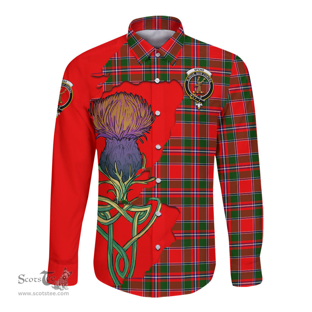 Scottish Spens Modern Clan Tartan Crest with Thistle and Scotland Map Tartan Long Sleeve Shirt Scottish Plaid Tartan Plaid - ScotsTee - scotstee.com
