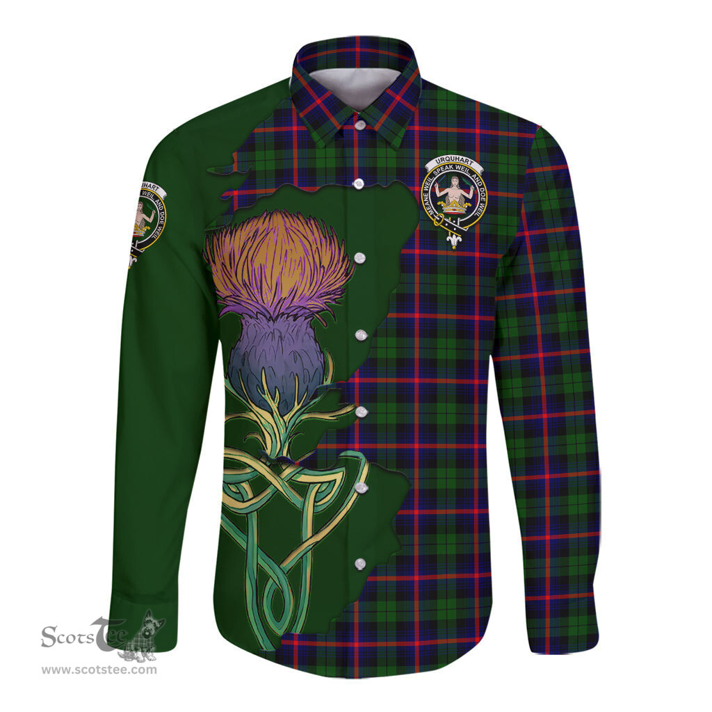 Scottish Urquhart Modern Clan Tartan Crest with Thistle and Scotland Map Tartan Long Sleeve Shirt Scottish Plaid Tartan Plaid - ScotsTee - scotstee.com