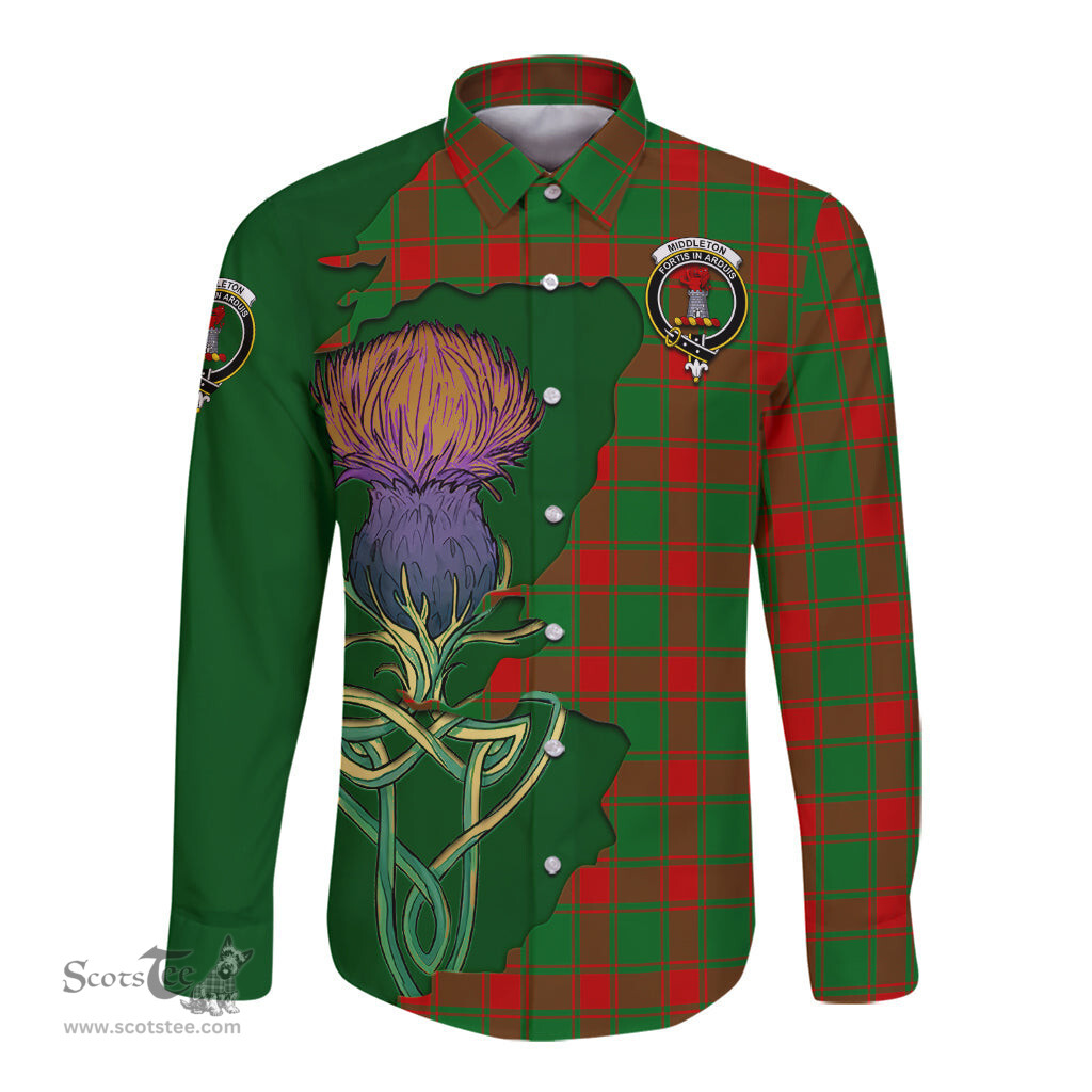 Scottish Middleton Modern Clan Tartan Crest with Thistle and Scotland Map Tartan Long Sleeve Shirt Scottish Plaid Tartan Plaid - ScotsTee - scotstee.com