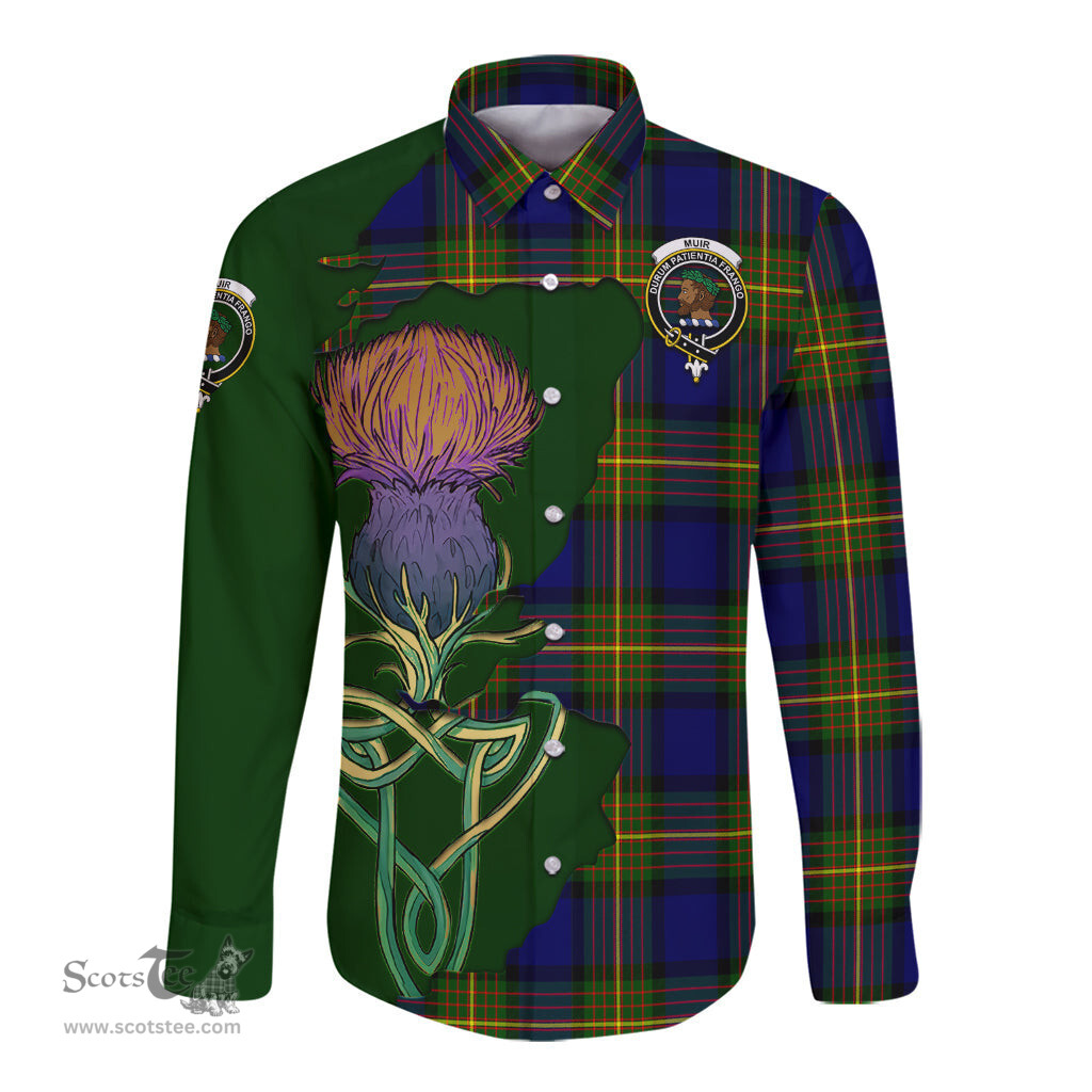 Scottish Muir Clan Tartan Crest with Thistle and Scotland Map Tartan Long Sleeve Shirt Scottish Plaid Tartan Plaid - ScotsTee - scotstee.com