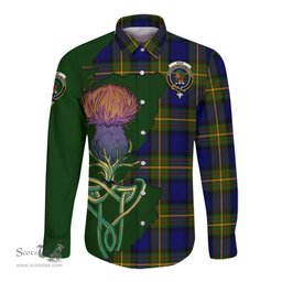Scottish Muir Clan Tartan Crest with Thistle and Scotland Map Tartan Long Sleeve Shirt Scottish Plaid Tartan Plaid - ScotsTee - scotstee.com