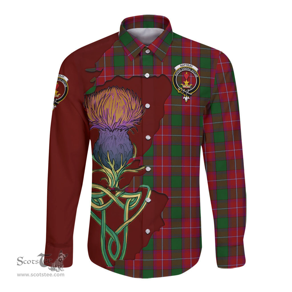 Scottish Rattray Clan Tartan Crest with Thistle and Scotland Map Tartan Long Sleeve Shirt Scottish Plaid Tartan Plaid - ScotsTee - scotstee.com