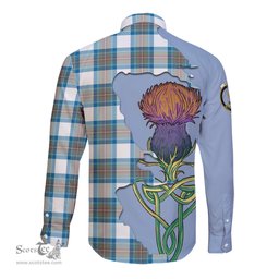 Scottish Stewart Muted Blue Clan Tartan Crest with Thistle and Scotland Map Tartan Long Sleeve Shirt Scottish Plaid Tartan Plaid - ScotsTee - scotstee.com