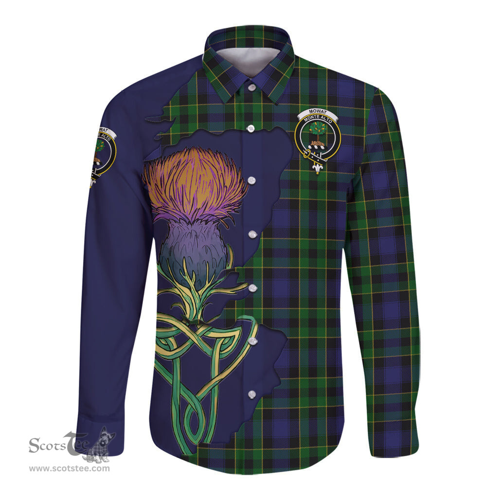 Scottish Mowat Clan Tartan Crest with Thistle and Scotland Map Tartan Long Sleeve Shirt Scottish Plaid Tartan Plaid - ScotsTee - scotstee.com