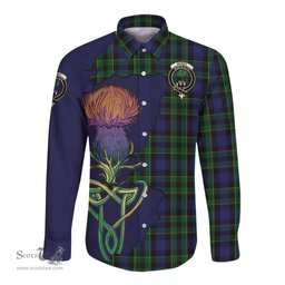 Scottish Mowat Clan Tartan Crest with Thistle and Scotland Map Tartan Long Sleeve Shirt Scottish Plaid Tartan Plaid - ScotsTee - scotstee.com