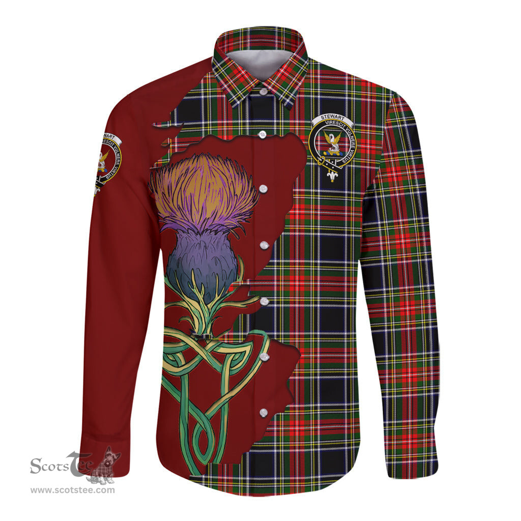 Scottish Stewart Black Clan Tartan Crest with Thistle and Scotland Map Tartan Long Sleeve Shirt Scottish Plaid Tartan Plaid - ScotsTee - scotstee.com