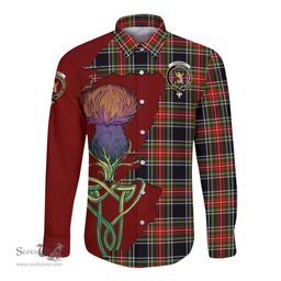 Scottish Stewart Black Clan Tartan Crest with Thistle and Scotland Map Tartan Long Sleeve Shirt Scottish Plaid Tartan Plaid - ScotsTee - scotstee.com