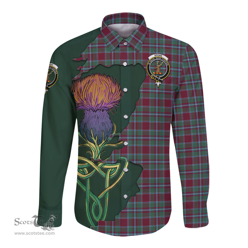 Scottish Spens (Spence) Clan Tartan Crest with Thistle and Scotland Map Tartan Long Sleeve Shirt Scottish Plaid Tartan Plaid - ScotsTee - scotstee.com