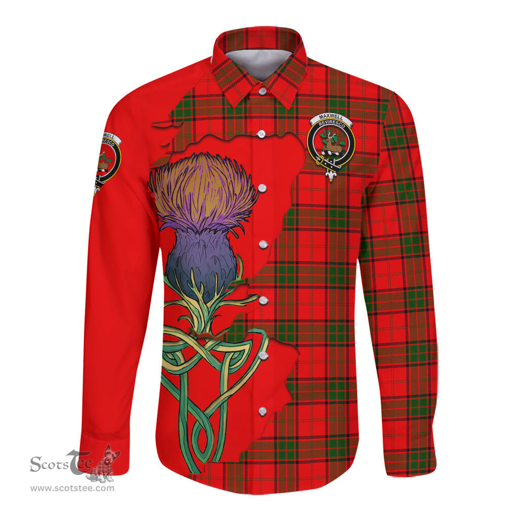 Scottish Maxwell Modern Clan Tartan Crest with Thistle and Scotland Map Tartan Long Sleeve Shirt Scottish Plaid Tartan Plaid - ScotsTee - scotstee.com