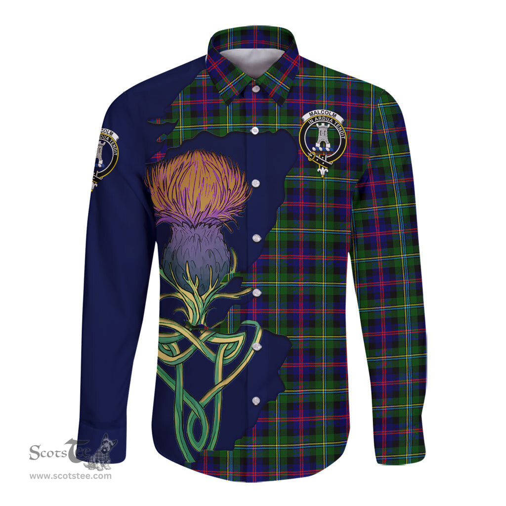 Scottish Malcolm Clan Tartan Crest with Thistle and Scotland Map Tartan Long Sleeve Shirt Scottish Plaid Tartan Plaid - ScotsTee - scotstee.com