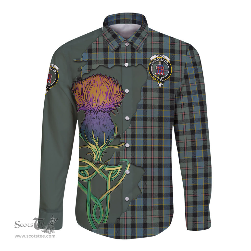 Scottish Ogilvie (Ogilvy) Hunting Clan Tartan Crest with Thistle and Scotland Map Tartan Long Sleeve Shirt Scottish Plaid Tartan Plaid - ScotsTee - scotstee.com