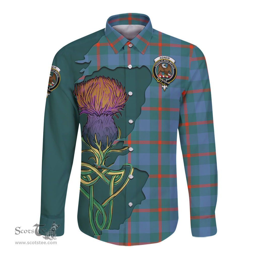 Scottish Agnew Ancient Clan Tartan Crest with Thistle and Scotland Map Tartan Long Sleeve Shirt Scottish Plaid Tartan Plaid - ScotsTee - scotstee.com