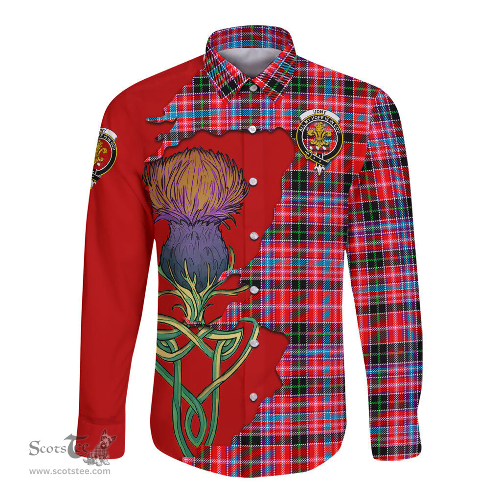 Scottish Udny Clan Tartan Crest with Thistle and Scotland Map Tartan Long Sleeve Shirt Scottish Plaid Tartan Plaid - ScotsTee - scotstee.com