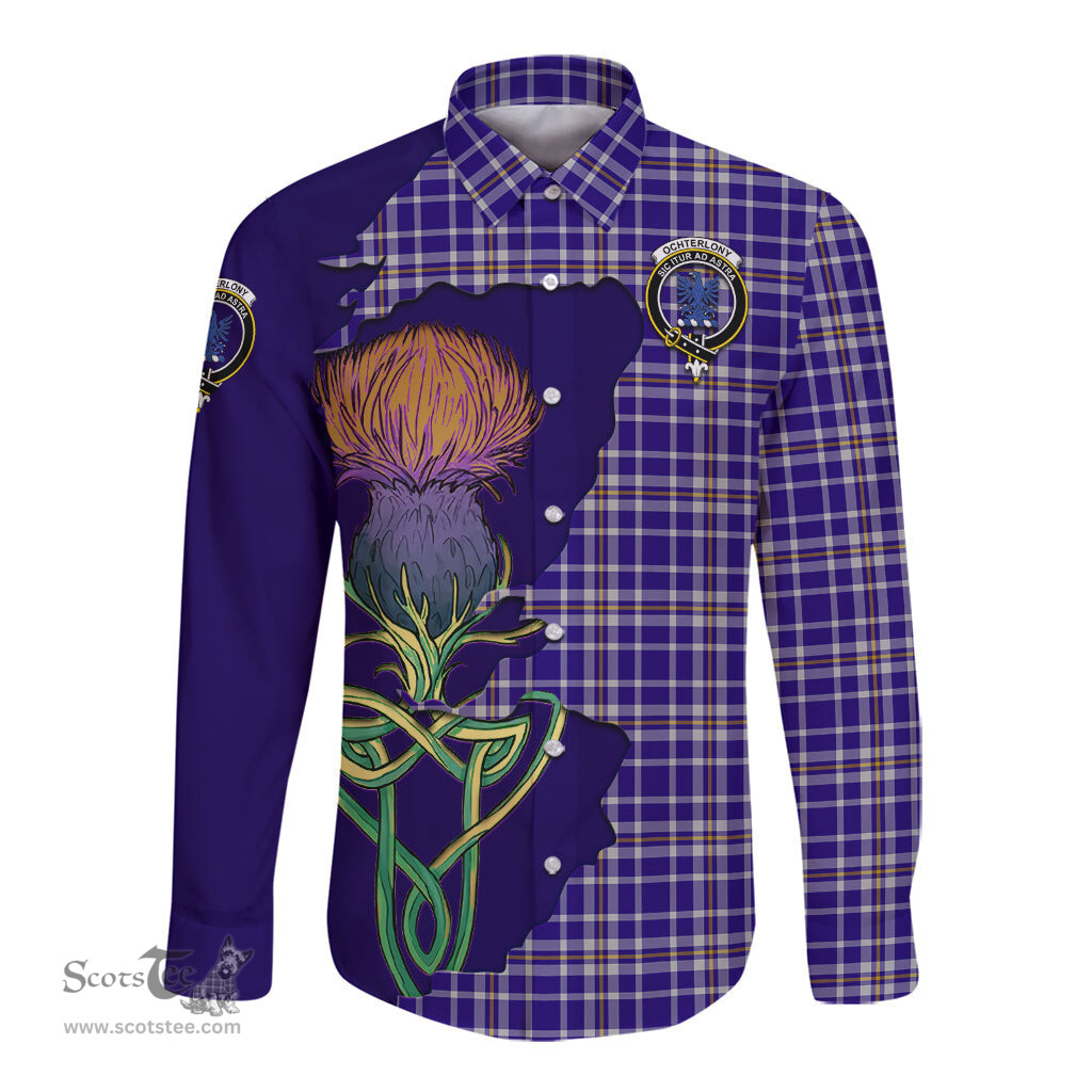 Scottish Ochterlony Clan Tartan Crest with Thistle and Scotland Map Tartan Long Sleeve Shirt Scottish Plaid Tartan Plaid - ScotsTee - scotstee.com