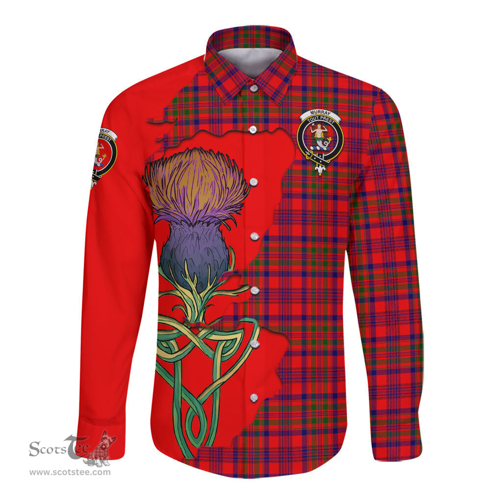 Scottish Murray of Tulloch Modern Clan Tartan Crest with Thistle and Scotland Map Tartan Long Sleeve Shirt Scottish Plaid Tartan Plaid - ScotsTee - scotstee.com