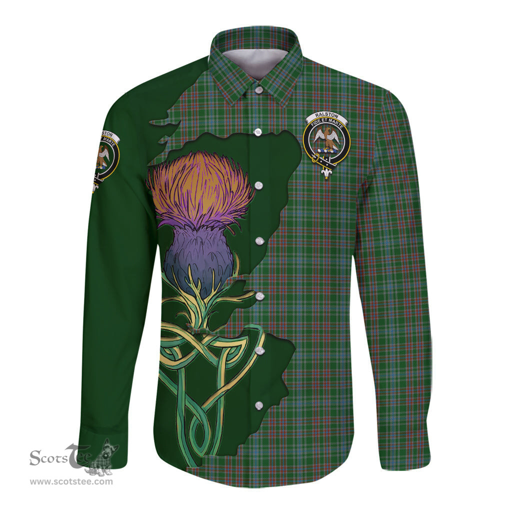 Scottish Ralston USA Clan Tartan Crest with Thistle and Scotland Map Tartan Long Sleeve Shirt Scottish Plaid Tartan Plaid - ScotsTee - scotstee.com
