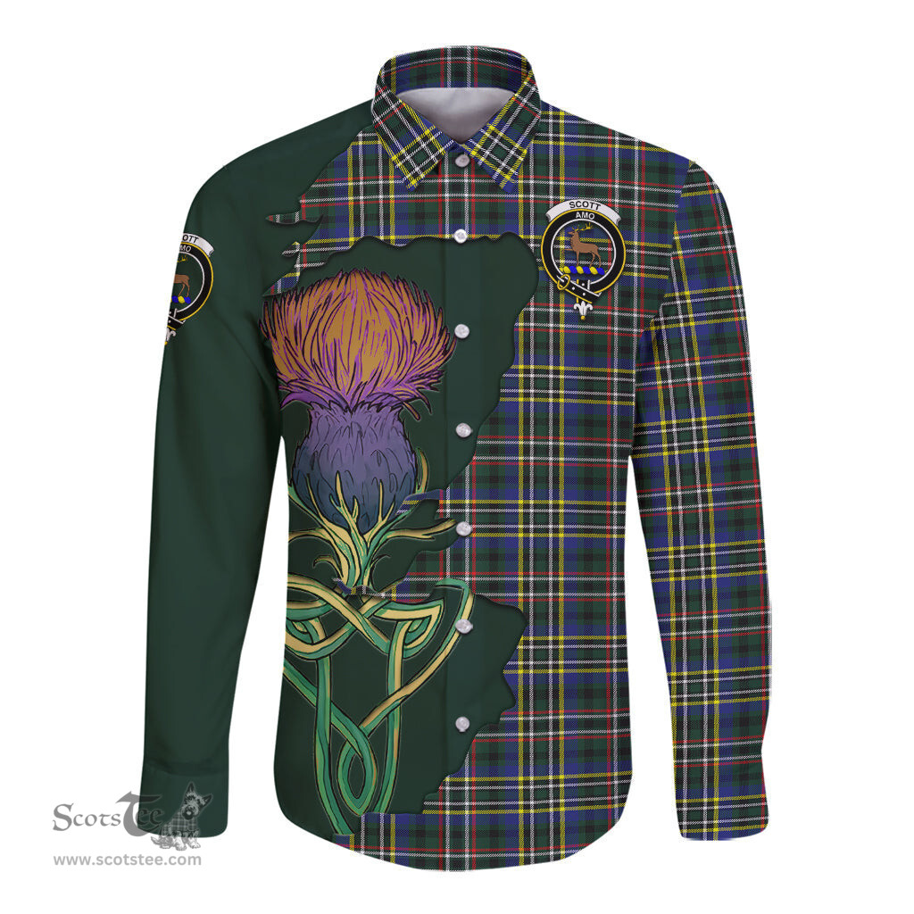 Scottish Scott Green Modern Clan Tartan Crest with Thistle and Scotland Map Tartan Long Sleeve Shirt Scottish Plaid Tartan Plaid - ScotsTee - scotstee.com