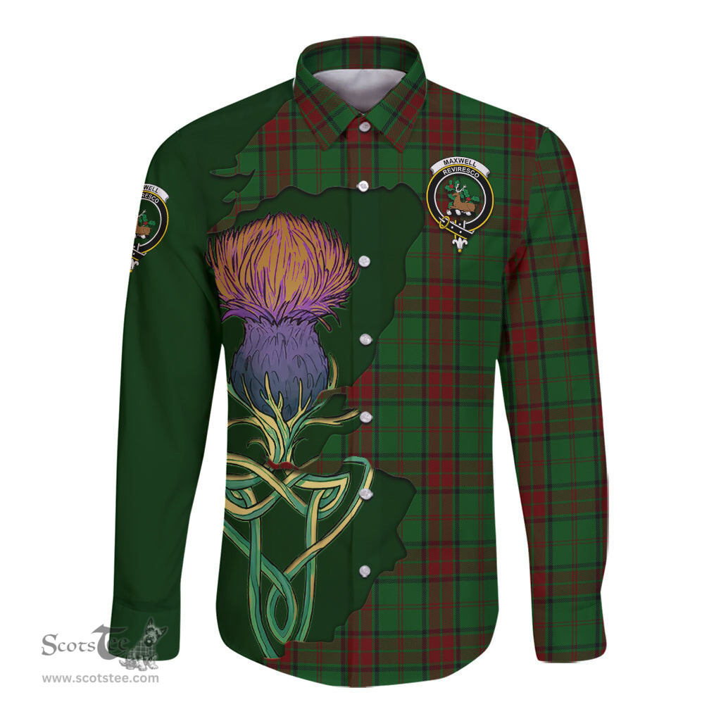 Scottish Maxwell Hunting Clan Tartan Crest with Thistle and Scotland Map Tartan Long Sleeve Shirt Scottish Plaid Tartan Plaid - ScotsTee - scotstee.com