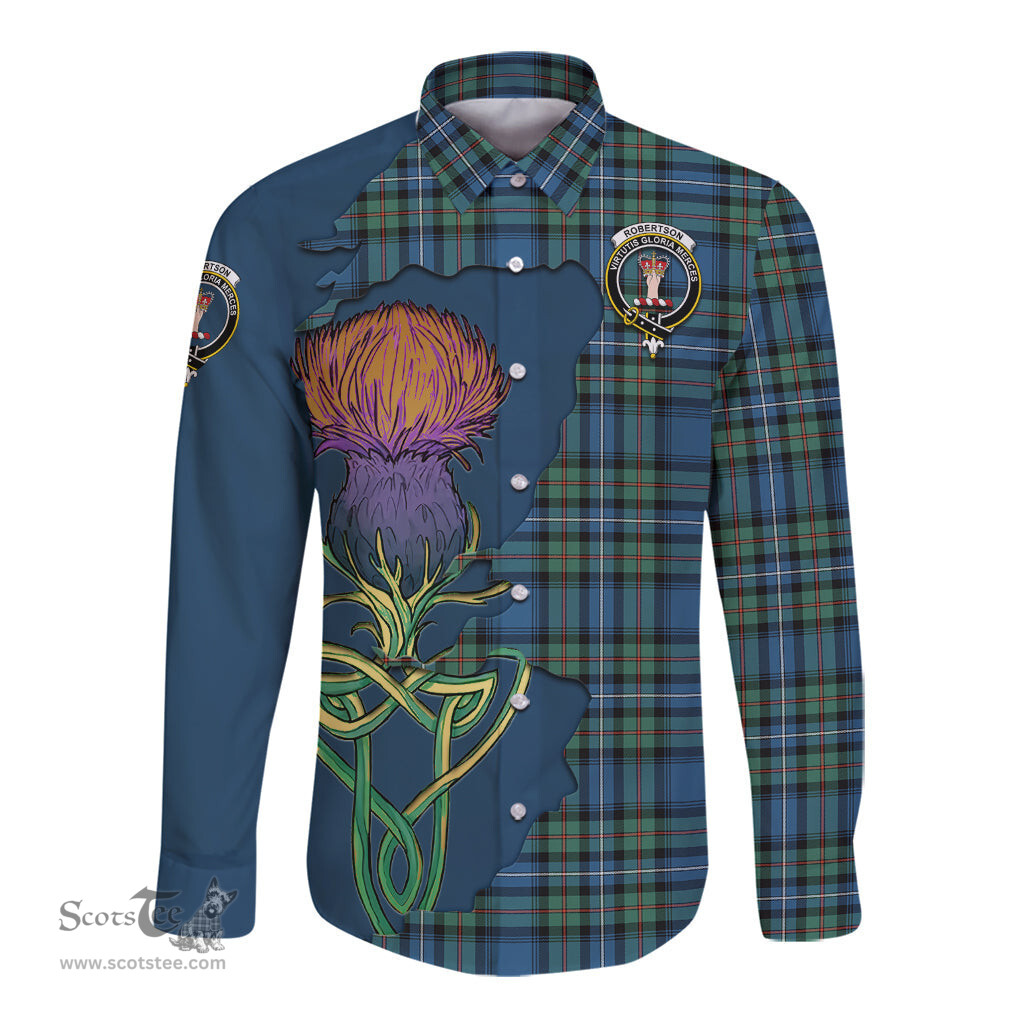 Scottish Robertson Hunting Ancient Clan Tartan Crest with Thistle and Scotland Map Tartan Long Sleeve Shirt Scottish Plaid Tartan Plaid - ScotsTee - scotstee.com