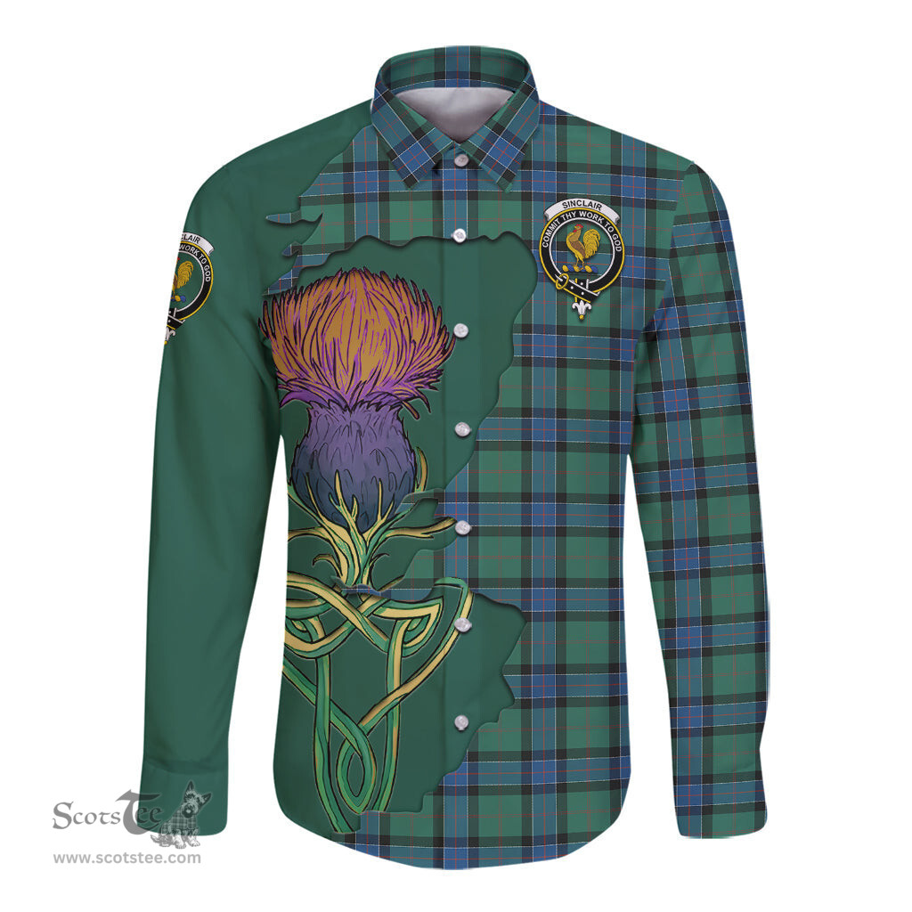 Scottish Sinclair Hunting Ancient Clan Tartan Crest with Thistle and Scotland Map Tartan Long Sleeve Shirt Scottish Plaid Tartan Plaid - ScotsTee - scotstee.com