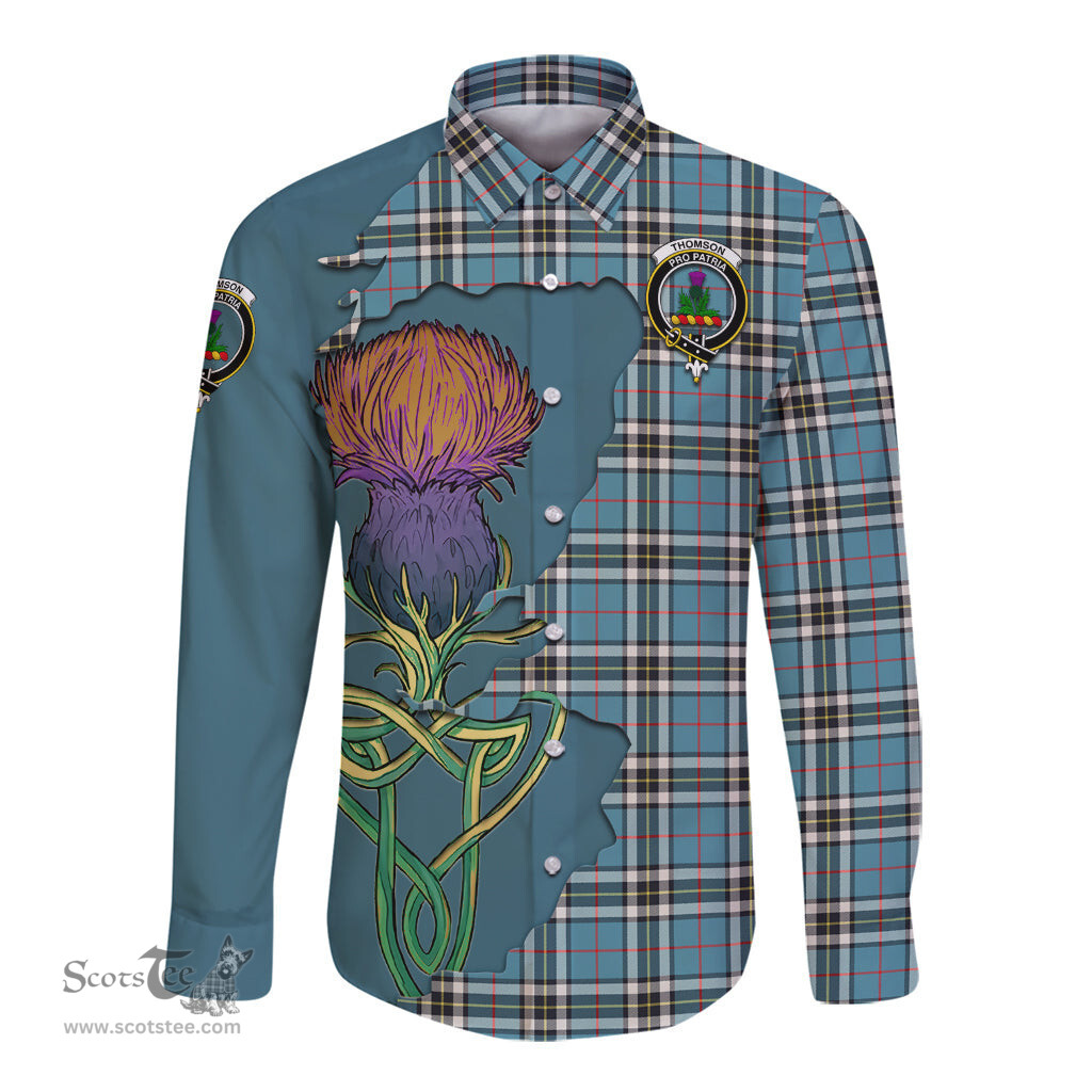 Scottish Thomson Clan Tartan Crest with Thistle and Scotland Map Tartan Long Sleeve Shirt Scottish Plaid Tartan Plaid - ScotsTee - scotstee.com