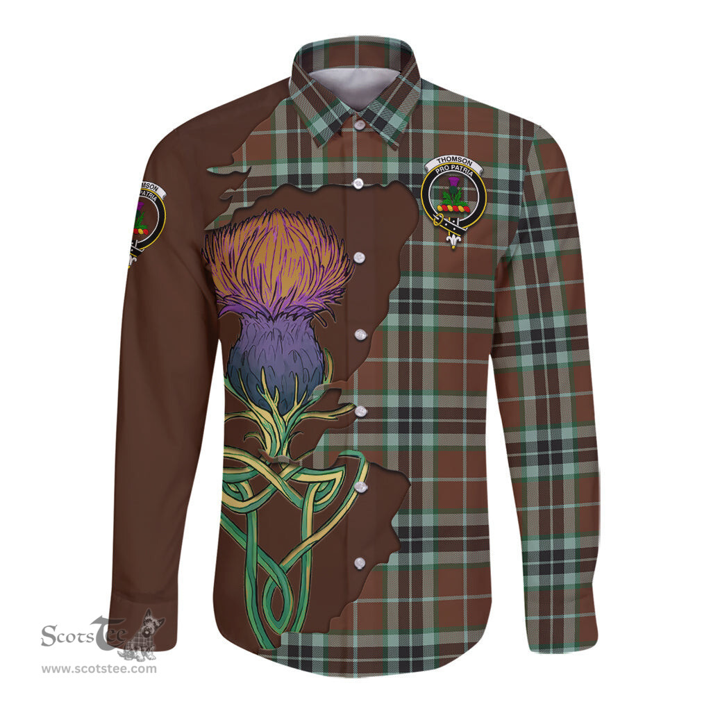 Scottish Thomson Hunting Modern Clan Tartan Crest with Thistle and Scotland Map Tartan Long Sleeve Shirt Scottish Plaid Tartan Plaid - ScotsTee - scotstee.com