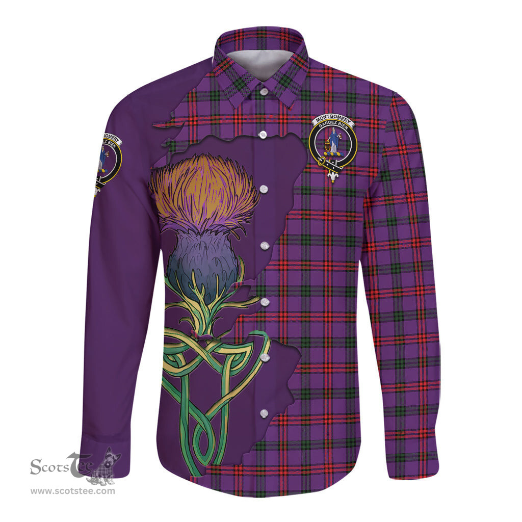 Scottish Montgomery Modern Clan Tartan Crest with Thistle and Scotland Map Tartan Long Sleeve Shirt Scottish Plaid Tartan Plaid - ScotsTee - scotstee.com