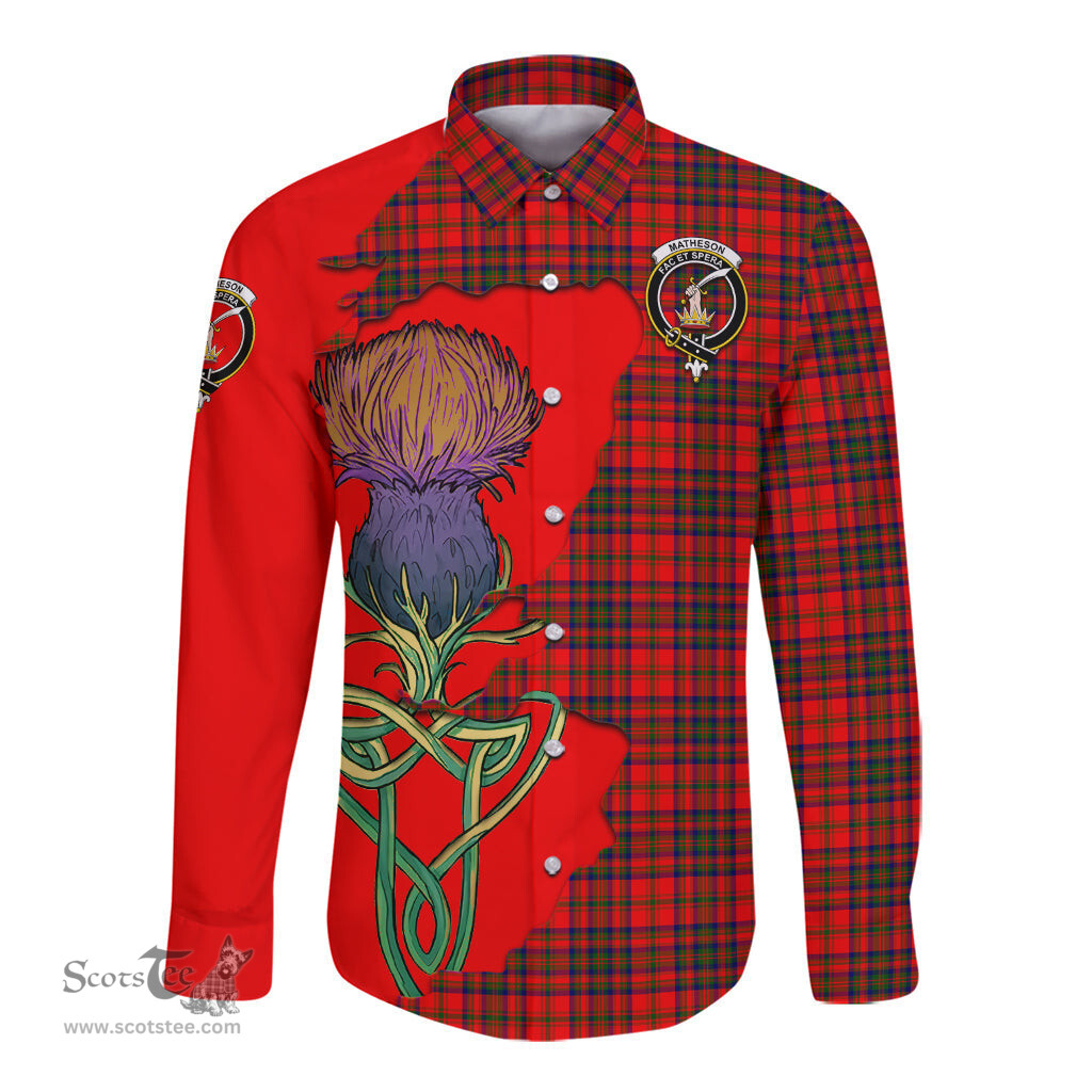 Scottish Matheson Modern Clan Tartan Crest with Thistle and Scotland Map Tartan Long Sleeve Shirt Scottish Plaid Tartan Plaid - ScotsTee - scotstee.com