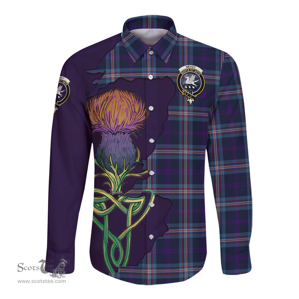 Scottish Nevoy Clan Tartan Crest with Thistle and Scotland Map Tartan Long Sleeve Shirt Scottish Plaid Tartan Plaid - ScotsTee - scotstee.com