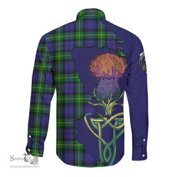 Scottish Meldrum Clan Tartan Crest with Thistle and Scotland Map Tartan Long Sleeve Shirt Scottish Plaid Tartan Plaid - ScotsTee - scotstee.com