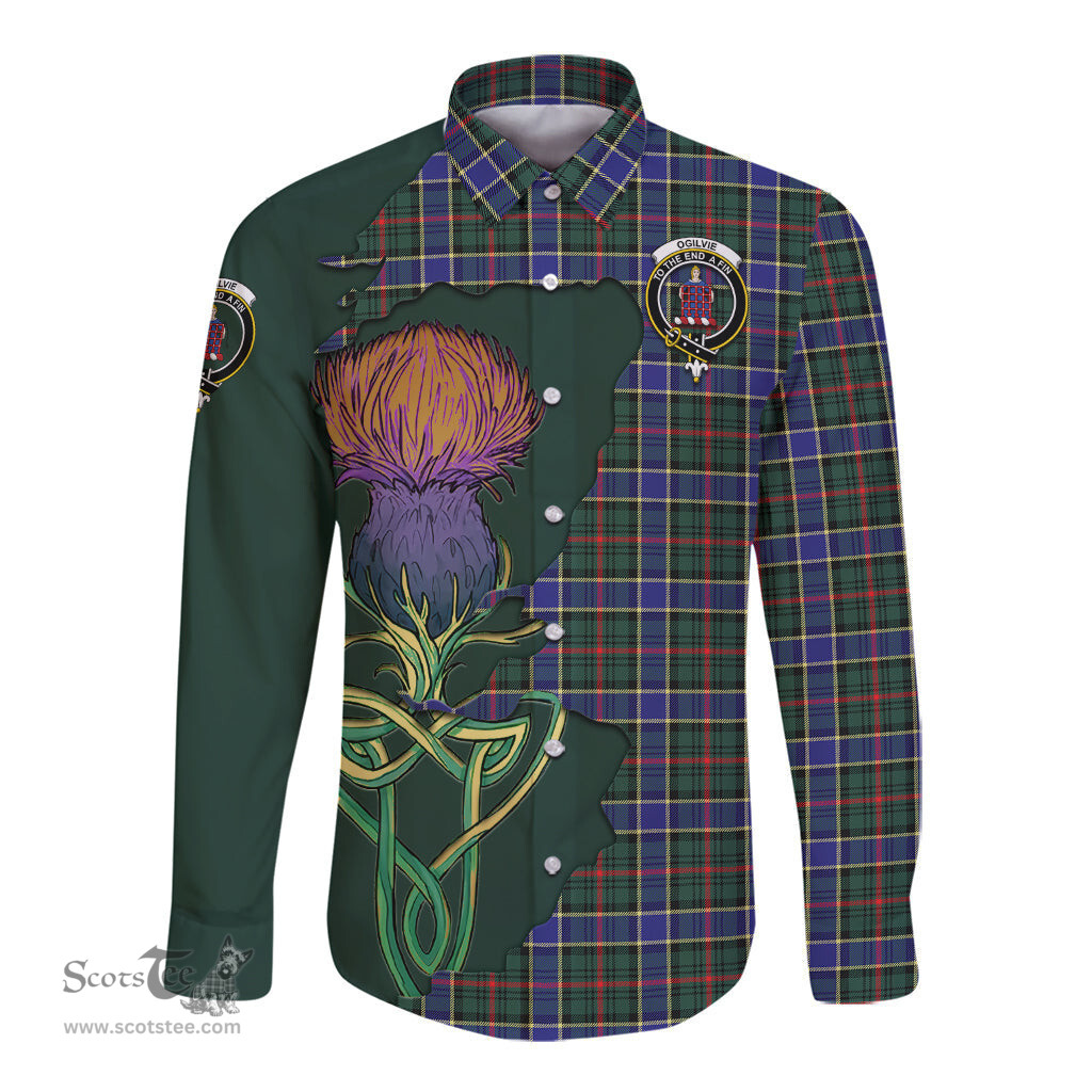 Scottish Ogilvie (Ogilvy) Hunting Modern Clan Tartan Crest with Thistle and Scotland Map Tartan Long Sleeve Shirt Scottish Plaid Tartan Plaid - ScotsTee - scotstee.com