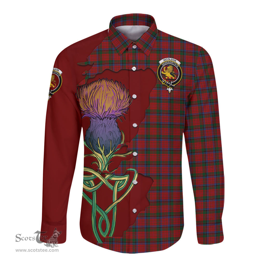 Scottish Nicolson Clan Tartan Crest with Thistle and Scotland Map Tartan Long Sleeve Shirt Scottish Plaid Tartan Plaid - ScotsTee - scotstee.com