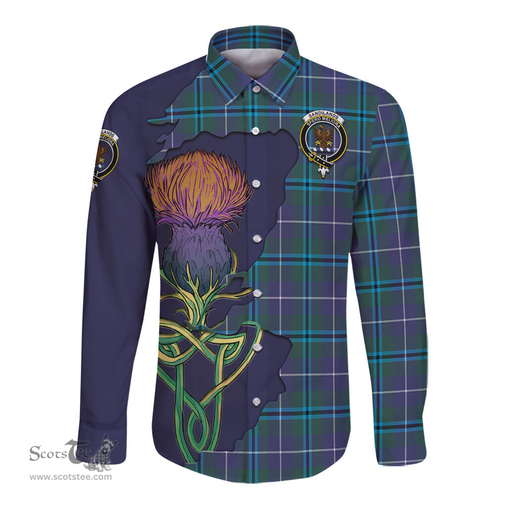 Scottish Sandilands Clan Tartan Crest with Thistle and Scotland Map Tartan Long Sleeve Shirt Scottish Plaid Tartan Plaid - ScotsTee - scotstee.com