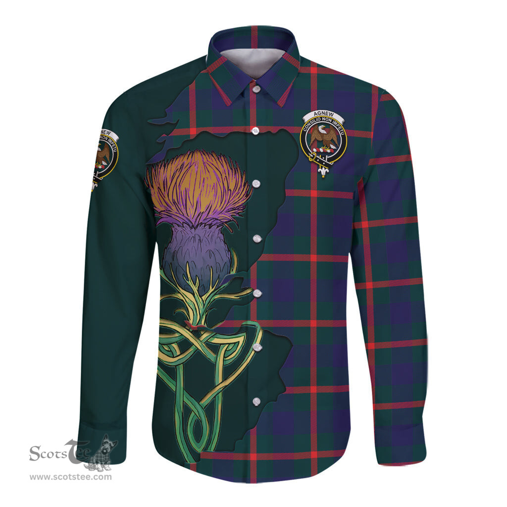 Scottish Agnew Modern Clan Tartan Crest with Thistle and Scotland Map Tartan Long Sleeve Shirt Scottish Plaid Tartan Plaid - ScotsTee - scotstee.com