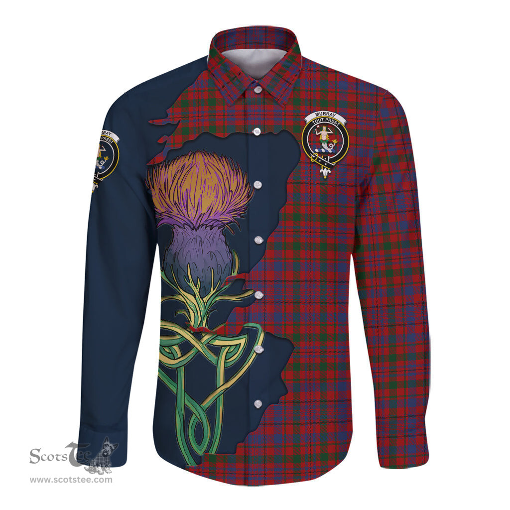 Scottish Murray of Tullibardine Clan Tartan Crest with Thistle and Scotland Map Tartan Long Sleeve Shirt Scottish Plaid Tartan Plaid - ScotsTee - scotstee.com