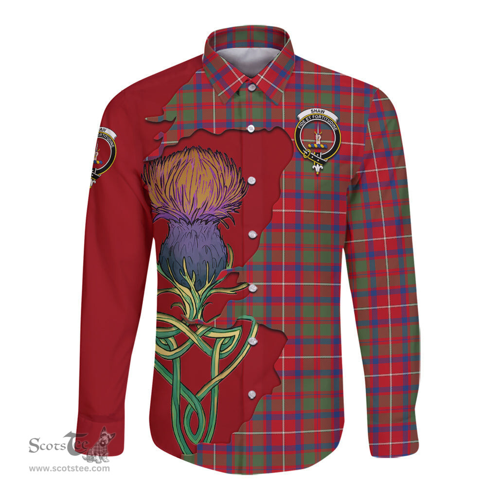 Scottish Shaw Red Modern Clan Tartan Crest with Thistle and Scotland Map Tartan Long Sleeve Shirt Scottish Plaid Tartan Plaid - ScotsTee - scotstee.com