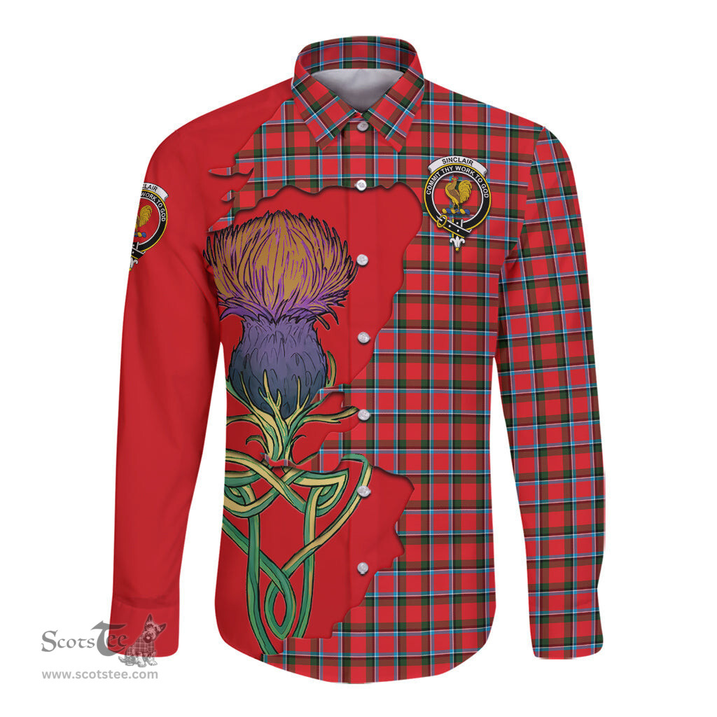 Scottish Sinclair Modern Clan Tartan Crest with Thistle and Scotland Map Tartan Long Sleeve Shirt Scottish Plaid Tartan Plaid - ScotsTee - scotstee.com