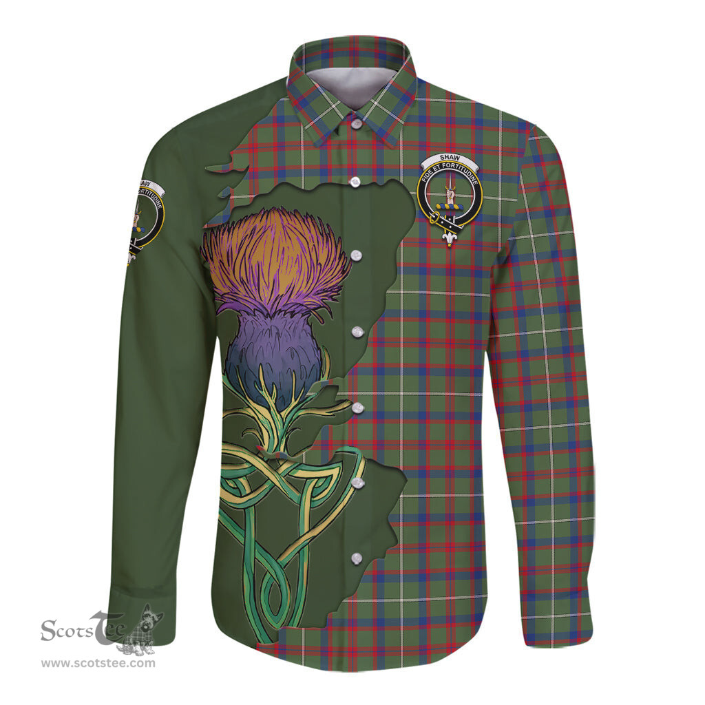 Scottish Shaw Green Modern Clan Tartan Crest with Thistle and Scotland Map Tartan Long Sleeve Shirt Scottish Plaid Tartan Plaid - ScotsTee - scotstee.com