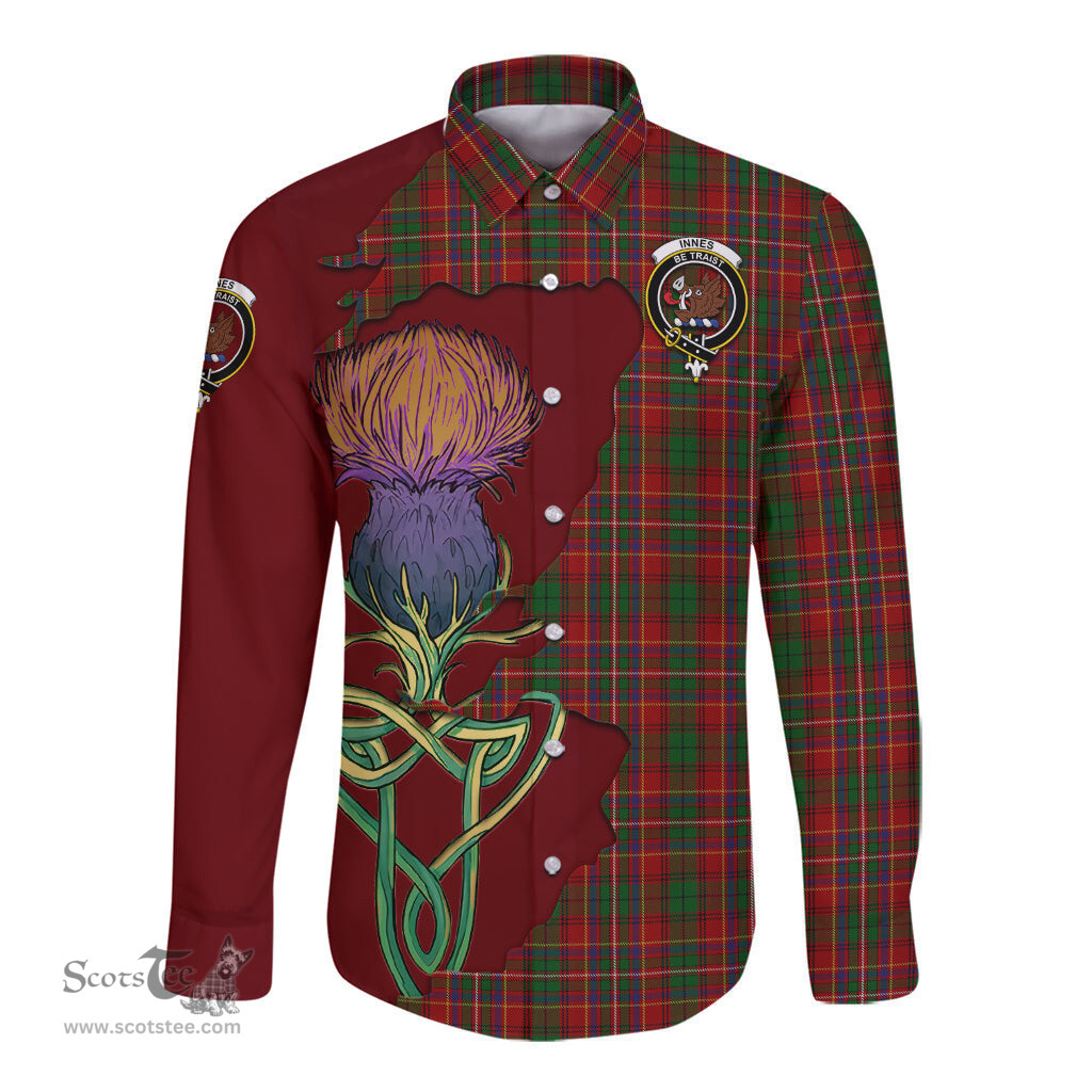 Scottish Innes Clan Tartan Crest with Thistle and Scotland Map Tartan Long Sleeve Shirt Scottish Plaid Tartan Plaid - ScotsTee - scotstee.com